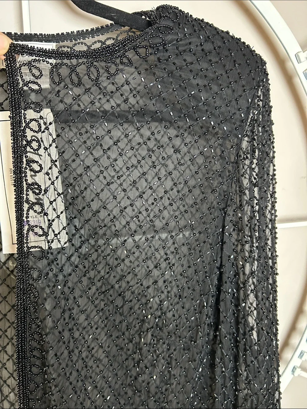 Vintage Stenay 100% Silk Black Beaded Sheer Open-Front Cardigan Duster Jacket
